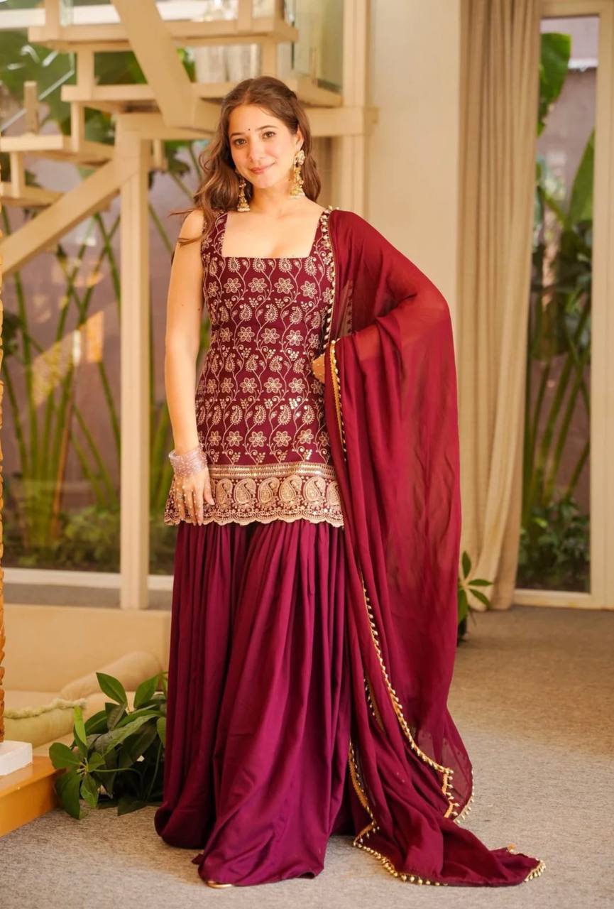 Deep Ruby Floral-Embroidered Silk Set